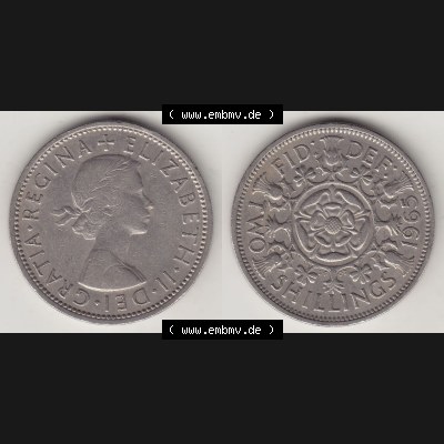 Münzen Großbritannien Umlaufmünze 1954-1970, 2 Schilling - Shillings 1965-1. Vorderseite und Rückseite horizontal auf einen digitalen Bild der alten britischen Münze... Sammlung