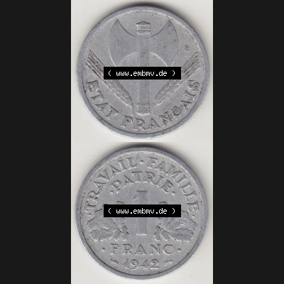 Münzen Frankreich Umlaufmünze 1942-1944, 1 Franken - Francs 1942-1. Vorderseite und Rückseite vertikal auf einen digitalen Bild der alten französischen Umlaufmünze... Sammlung