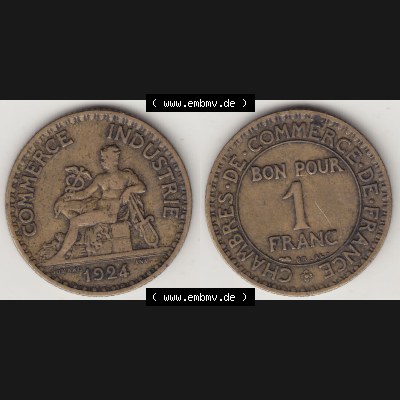 Münzen Frankreich Umlaufmünze 1920-1927, 1 Franken BON POUR 1 FRANC 1924-2. Vorderseite und Rückseite horizontal auf einen digitalen Bild der alten französischen Umlaufmünze... Sammlung