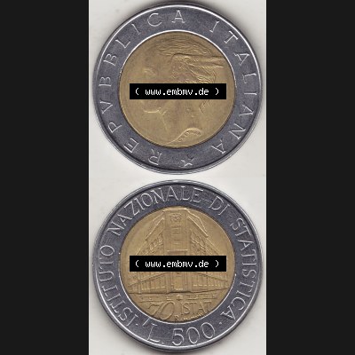 Bildmaterial von Münzen aus Italien / Italia Gedenkmünzen 1996-1996, 500 Lire, 70 Jahre Nationales Institut für Statistik (1926-1996), 70 ISTAT ISTITUTO NAZIONALE... Sammlung
