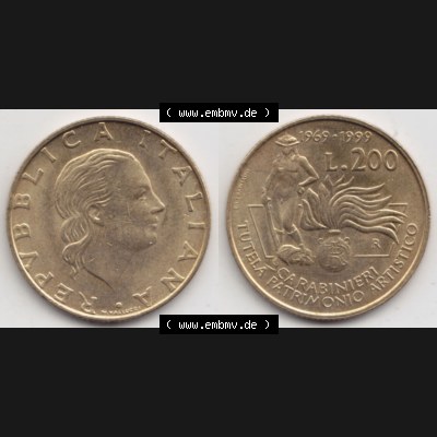 Bildmaterial von Münzen aus Italien / Italia Gedenkmünzen 1999-1999, 200 Lire Carabinieri, Schutz der Kunsterbe. Vorderseite und Rückseite horizontal auf einen digitalen... Sammlung
