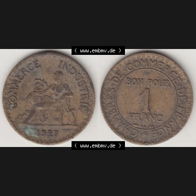 Münzen Frankreich Umlaufmünze 1920-1927, 1 Franken BON POUR 1 FRANC 1927. Vorderseite und Rückseite horizontal auf einen digitalen Bild der alten französischen Umlaufmünze... Sammlung