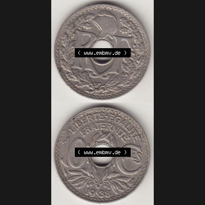Münzen Frankreich Umlaufmünze 1917-1938, 10 Centimes - Cmes 1938. Vorderseite und Rückseite vertikal auf einen digitalen Bild der alten französischen Umlaufmünze 10... Sammlung