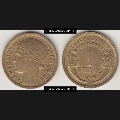 Münzen Frankreich Umlaufmünze 1931-1941, 1 Franken, 1 Franc, 1939-1 LIBERTE EGALITE FRATERNITE. Vorderseite und Rückseite horizontal auf einen digitalen Bild der... Sammlung