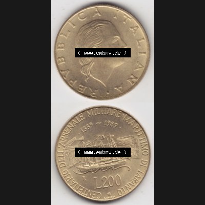 Bildmaterial von Münzen aus Italien / Italia Gedenkmünzen 1989-1989, 200 Lire Marinebasis Tarent. Vorderseite und Rückseite vertikal untereinander auf einen digitalen Bild... Sammlung