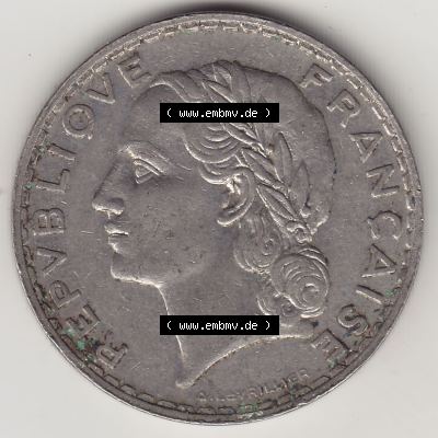 Münzen Frankreich Umlaufmünze 1933-1938, 5 Franken - Francs RF 1933. Vorderseite der alten französischen Umlaufmünze aus Frankreich in der Francs-Währung zum katalogisieren... Sammlung