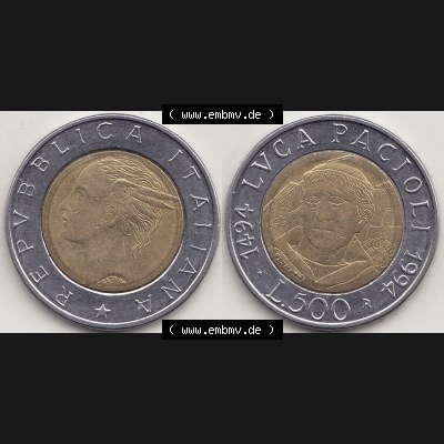 Bildmaterial von Münzen aus Italien / Italia Gedenkmünzen 1994-1994, 500 Lire, 500. Geburtstag von Luca Pacioli (1494-1994)-2. Vorderseite und Rückseite... Sammlung