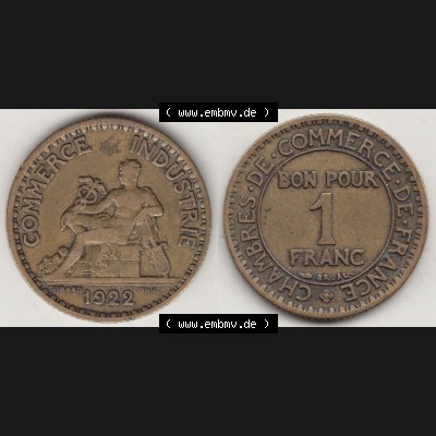 Münzen Frankreich Umlaufmünze 1922-1927, 1 Franken, BON POUR One Franc, 1922-1 CHAMBRES DE COMMERCE DE FRANCE. Vorderseite und Rückseite horizontal auf einen digitalen... Sammlung