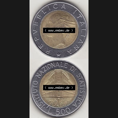 Bildmaterial von Münzen aus Italien / Italia Gedenkmünzen 1996-1996, 500 Lire, 70 Jahre Nationales Institut für Statistik (1926-1996), 70 ISTAT ISTITUTO NAZIONALE... Sammlung