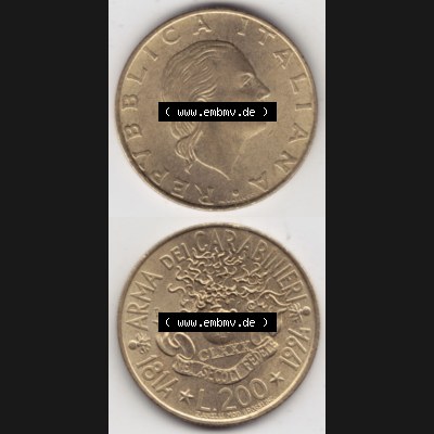 Bildmaterial von Münzen aus Italien / Italia Gedenkmünzen 1994-1994, 200 Lire 180 Jahre Carabinieri. Vorderseite und Rückseite vertikal untereinander auf einen digitalen... Sammlung