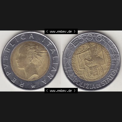 Bildmaterial von Münzen aus Italien / Italia Gedenkmünzen 1997-1997, 500 Lire, 50 Jahre Staatspolizei (1947-1997), POLIZIA DI STATO POLIZIA STRADALE R-2.... Sammlung