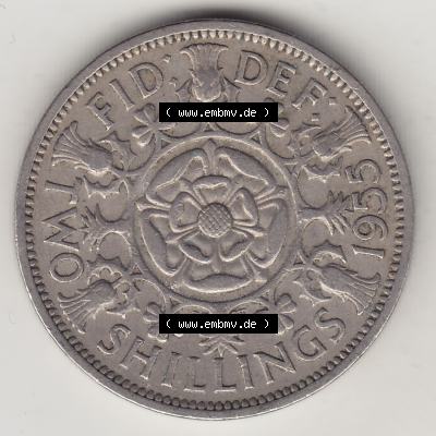 Münzen Großbritannien Umlaufmünze 1954-1970, 2 Schilling - Shillings 1955-1. Rückseite der alten britischen Münze aus Großbritannien zum katalogisieren und... Sammlung