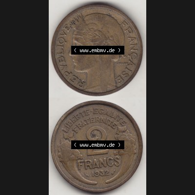 Münzen Frankreich Umlaufmünze 1931-1941, 2 Franken 1932-1 LIBERTE EGALITE FRATERNITE. Vorderseite und Rückseite vertikal auf einen digitalen Bild der alten französischen... Sammlung