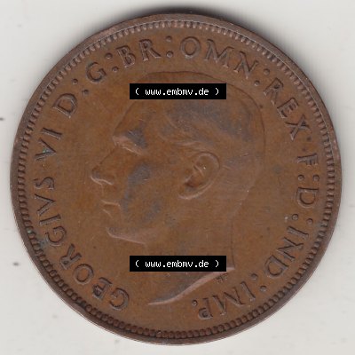 Münzen Großbritannien Umlaufmünze 1937-1948. 1 One Penny 1939-1, George VI, GEORGIVS VI DGBROMNREX FDINDIMP. HP. Vorderseite der alten britischen Münze... Sammlung