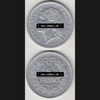 Alte Münzen KMS Frankreich, aus Kursmünzensatz-Zusammenstellung der Jahre 1917-1952, mit der Münze 1945-1952, 5 Franken, Francs 1949-1. Vorderseite und Rückseite... Sammlung