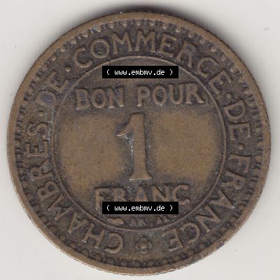 Münzen Frankreich Umlaufmünze 1920-1927, 1 Franken BON POUR 1 FRANC 1924-1. Rückseite der alten französischen Umlaufmünze aus Frankreich in der Francs-Währung... Sammlung