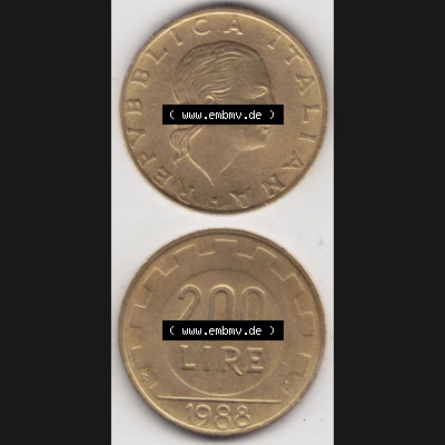 Bildmaterial von Münzen aus Italien / Italia Gedenkmünzen 1977-2001, 200 Lire, Zahnrad. Vorderseite und Rückseite vertikal untereinander auf einen digitalen Bild einer... Sammlung