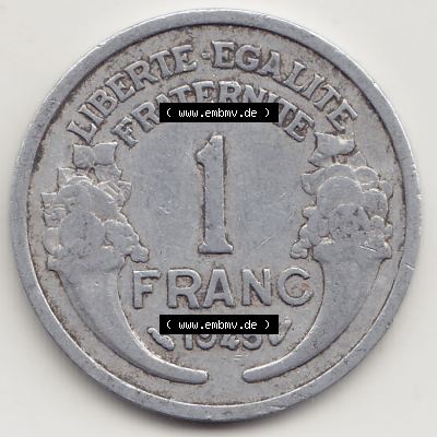 Münzen Frankreich Umlaufmünze 1941-1959, 1 Franken - Francs 1945. Rückseite der alten französischen Umlaufmünze aus Frankreich in der Francs-Währung zum katalogisieren... Sammlung