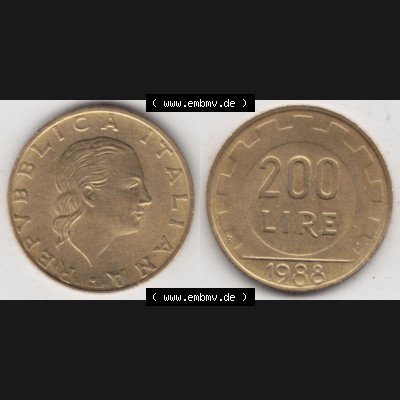 Bildmaterial von Münzen aus Italien / Italia Gedenkmünzen 1977-2001, 200 Lire, Zahnrad. Vorderseite und Rückseite horizontal auf einen digitalen Bild einer alten italienischen... Sammlung