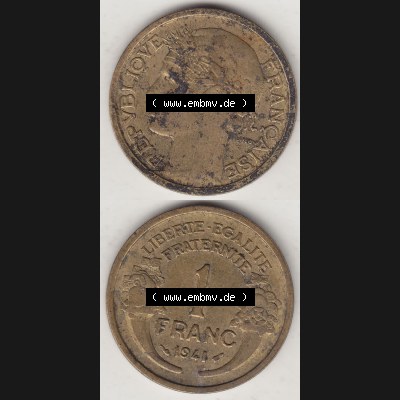 Münzen Frankreich Umlaufmünze 1931-1941, 1 Franken, 1 Franc, 1941-1 LIBERTE EGALITE FRATERNITE. Vorderseite und Rückseite vertikal auf einen digitalen Bild der alten... Sammlung