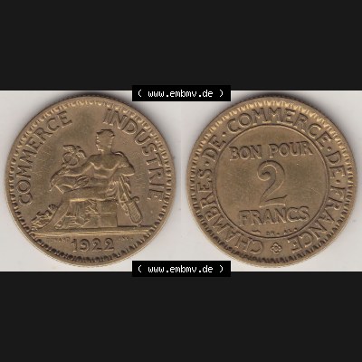 Münzen Frankreich Umlaufmünze 1920-1927, 2 Francs - Franken 1922-1. Vorderseite und Rückseite horizontal auf einen digitalen Bild der alten französischen Umlaufmünze... Sammlung