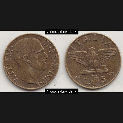 Alte Münzen KMS Italien / Italia, Kursmünzensatz - Zusammenstellung 1908-1943, mit Münze 1939-1943, 5 Centesimi, Cent, Viktor Emanuel III. C.5... Sammlung