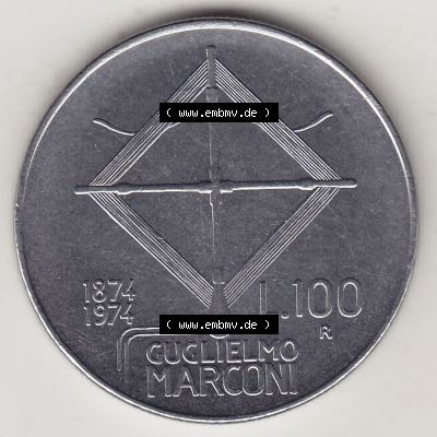 Bildmaterial von Münzen aus Italien / Italia Gedenkmünzen 1974-1974, 100 Lire, 100. Geburtstag von Guglielmo Marconi (1874-1974)-1. Rückseite einer... Sammlung