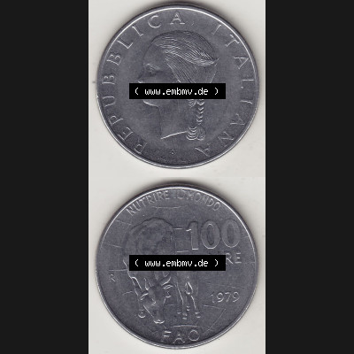 Bildmaterial von Münzen aus Italien / Italia Gedenkmünzen 1979-1979, 100 Lire, Ernährungs- und Landwirtschafts- Organisation der Vereinten Nationen-1. Vorderseite... Sammlung