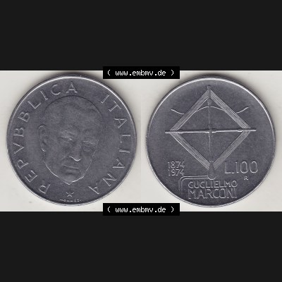 Bildmaterial von Münzen aus Italien / Italia Gedenkmünzen 1974-1974, 100 Lire, 100. Geburtstag von Guglielmo Marconi (1874-1974)-1. Vorderseite und Rückseite... Sammlung