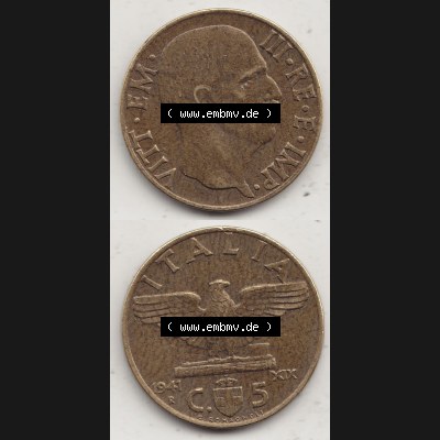 Alte Münzen KMS Italien / Italia, Kursmünzensatz - Zusammenstellung 1908-1943, mit Münze 1939-1943, 5 Centesimi, Cent, Viktor Emanuel III. C.5... Sammlung