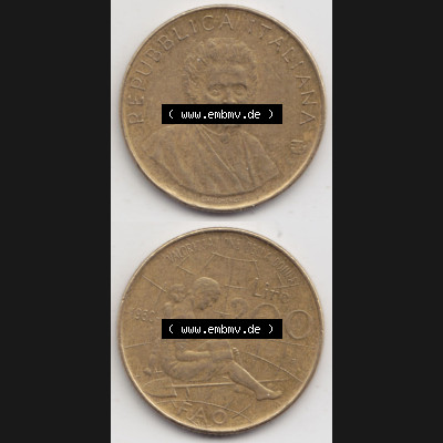 Bildmaterial von Münzen aus Italien / Italia Gedenkmünzen 1980-1980, 200 Lire FAO - Internationales Jahr der Frau. Vorderseite und Rückseite vertikal untereinander auf einen... Sammlung