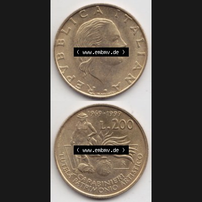 Bildmaterial von Münzen aus Italien / Italia Gedenkmünzen 1999-1999, 200 Lire Carabinieri, Schutz der Kunsterbe. Vorderseite und Rückseite vertikal untereinander auf... Sammlung
