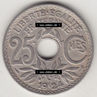 Münzen Frankreich Umlaufmünze 1917-1937, 25 Cmes, Centimes 1924-1 LIBERTE EGALITE FRATERNITE. Rückseite der alten französischen Umlaufmünze 10 Cmes - Centimes... Sammlung