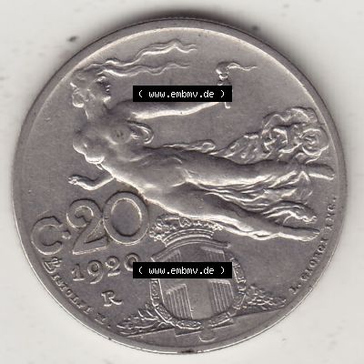Alte Münzen KMS Italien / Italia, Kursmünzensatz - Zusammenstellung 1908-1943, mit Münze 1908-1935, 20 C. Centesimi, Cent, 1920-1. Rückseite... Sammlung