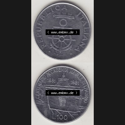 Bildmaterial von Münzen aus Italien / Italia Gedenkmünzen 1981-1981, 100 Lire, 100. Jahrestag der Gründung der Marineakademie in Livorno (1881-1981)-1.... Sammlung