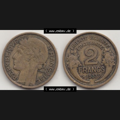 Münzen Frankreich Umlaufmünze 1931-1941, 2 Franken 1933-1 LIBERTE EGALITE FRATERNITE. Vorderseite und Rückseite horizontal auf einen digitalen Bild der alten französischen... Sammlung