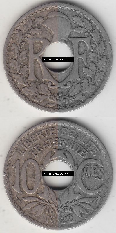 Münzen Frankreich Umlaufmünze Vollansicht 1917-1938, 10 Centimes, 10 CMES EGALITÉ FRATERNITÉ LIBERTÉ 1922 (Stück 1). Vertikales... Sammlung