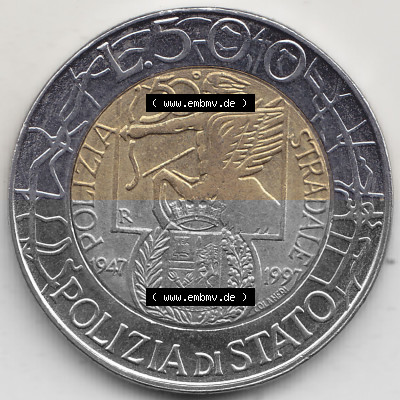 Bildmaterial von Münzen aus Italien / Italia Gedenkmünzen 1997-1997, 500 Lire, 50 Jahre Staatspolizei (1947-1997), POLIZIA DI... Sammlung