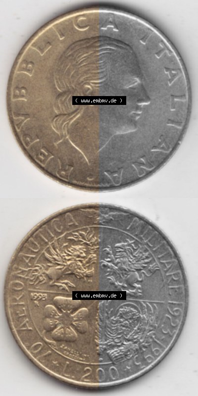 Bildmaterial von Münzen aus Italien / Italia Gedenkmünzen 1993-1993, 200 Lire Militärischen Luftfahrt. Vorderseite und Rückseite... Sammlung