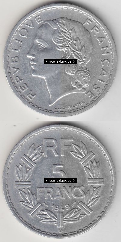 Alte Münzen KMS Frankreich, aus Kursmünzensatz-Zusammenstellung der Jahre 1917-1952, mit der Münze 1945-1952, 5 Franken, Francs... Sammlung