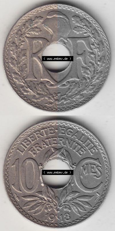 Frankreich 10 CMES EGALITÉ FRATERNITÉ LIBERTÉ 1918 (Stück 1), alten 10 Cmes / Centime / Cent französischen Umlaufmünze aus... Sammlung