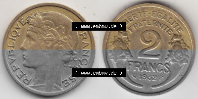 Alte Münzen KMS Frankreich, aus Kursmünzensatz-Zusammenstellung der Jahre 1917-1952, mit der Münze 1931-1941, 2 Franken, Francs,... Sammlung