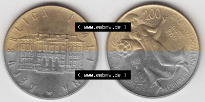 Bildmaterial von Münzen aus Italien / Italia Gedenkmünzen 1981-1981, 200 Lire FAO - Welternährungstag. Vorderseite und Rückseite... Sammlung