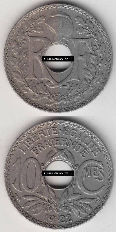 Frankreich 10 CMES EGALITÉ FRATERNITÉ LIBERTÉ 1922 (Stück 1), alten 10 Cmes / Centime / Cent französischen Umlaufmünze aus... Sammlung