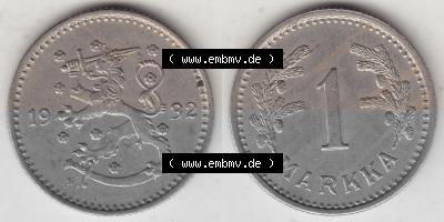 Alte Münzen KMS Finnland, Kursmünzensatz 1928-1940, 1 finnische Mark, Markka 1932. Digitales Bild / Bildmaterial mit Vorderseite... Sammlung