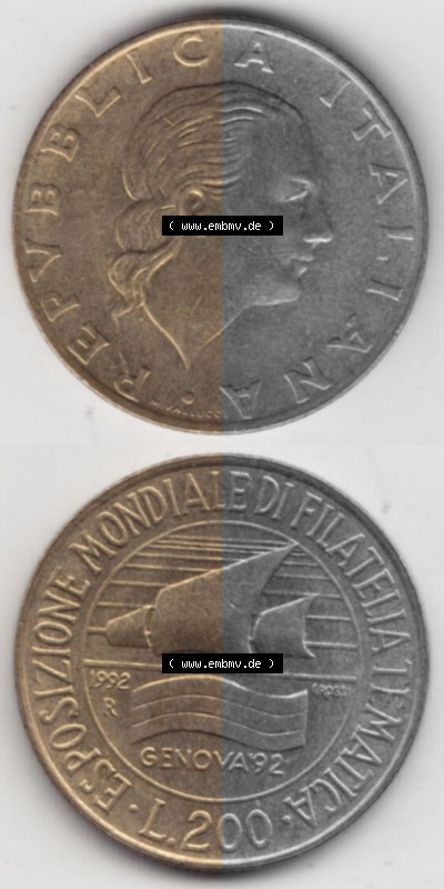 Bildmaterial von Münzen aus Italien / Italia Gedenkmünzen 1992-1992, 200 Lire Briefmarkenausstellung in Genua. Vorderseite und... Sammlung