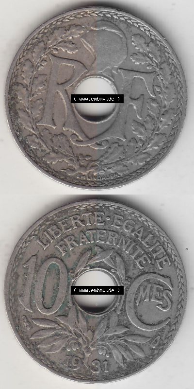 Frankreich 10 CMES EGALITÉ FRATERNITÉ LIBERTÉ 1931 (Stück 2), alten 10 Cmes / Centime / Cent französischen Umlaufmünze aus... Sammlung