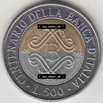 Bildmaterial von Münzen aus Italien / Italia Gedenkmünzen 1993-1993, 500 Lire, 100 Jahre Bank von Italien (1893-1993), CENTENARIO... Sammlung
