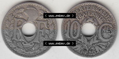 Münzen Frankreich Umlaufmünze Vollansicht 1917-1938, 10 Centimes, 10 CMES EGALITÉ FRATERNITÉ LIBERTÉ 1920 (Stück 1). Beidseitiges... Sammlung