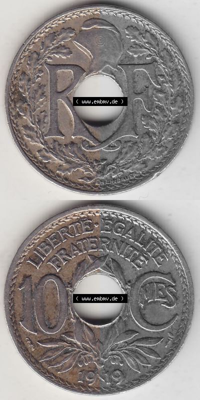 Frankreich 10 CMES EGALITÉ FRATERNITÉ LIBERTÉ 1919 (Stück 1), alten 10 Cmes / Centime / Cent französischen Umlaufmünze aus... Sammlung